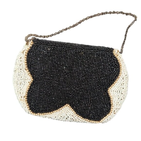 Vintage Beaded coin trinket Purse Black White Pattern Art Deco Chain Strap 5.5" - Picture 2 of 8